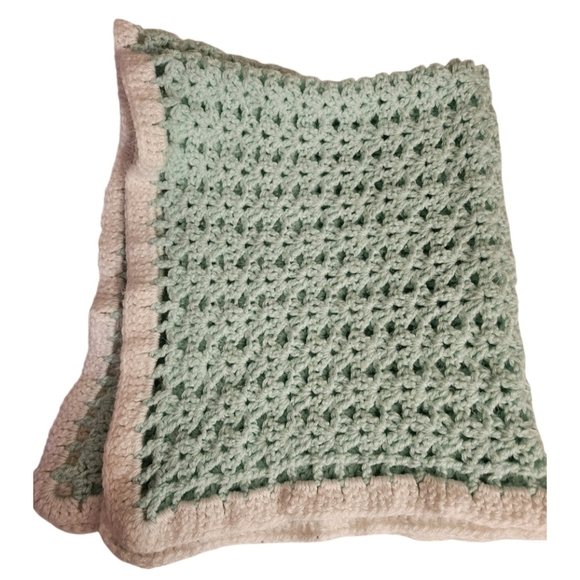 Handmade Mint White Crochet Baby Blanket Booties Set knit Tunisian Vintage Gift - Picture 14 of 17